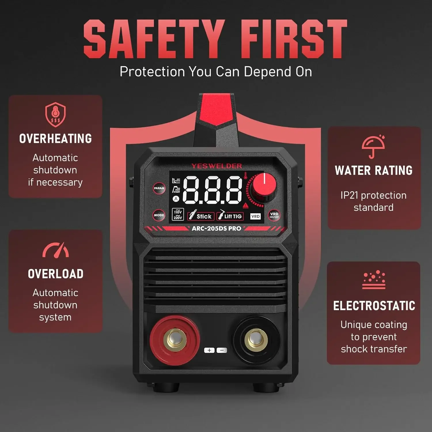 205Amp Stick Welder 110V/220V Dual Voltage Portable Welding Machine Digital Inverter IGBT ARC Welder Machine with Hot Start 6