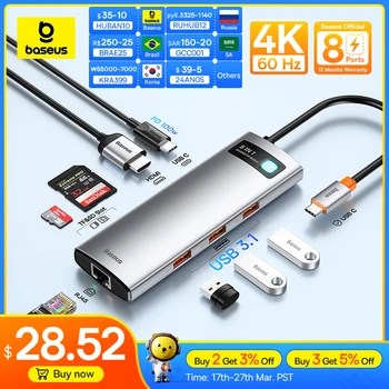 Baseus USB C 허브, USB 어댑터, 이더넷 포트 도킹 스테이션, 타입 C to HDMI 호환, 맥북 에어 M1 M2, USB 분배기, 10Gbps