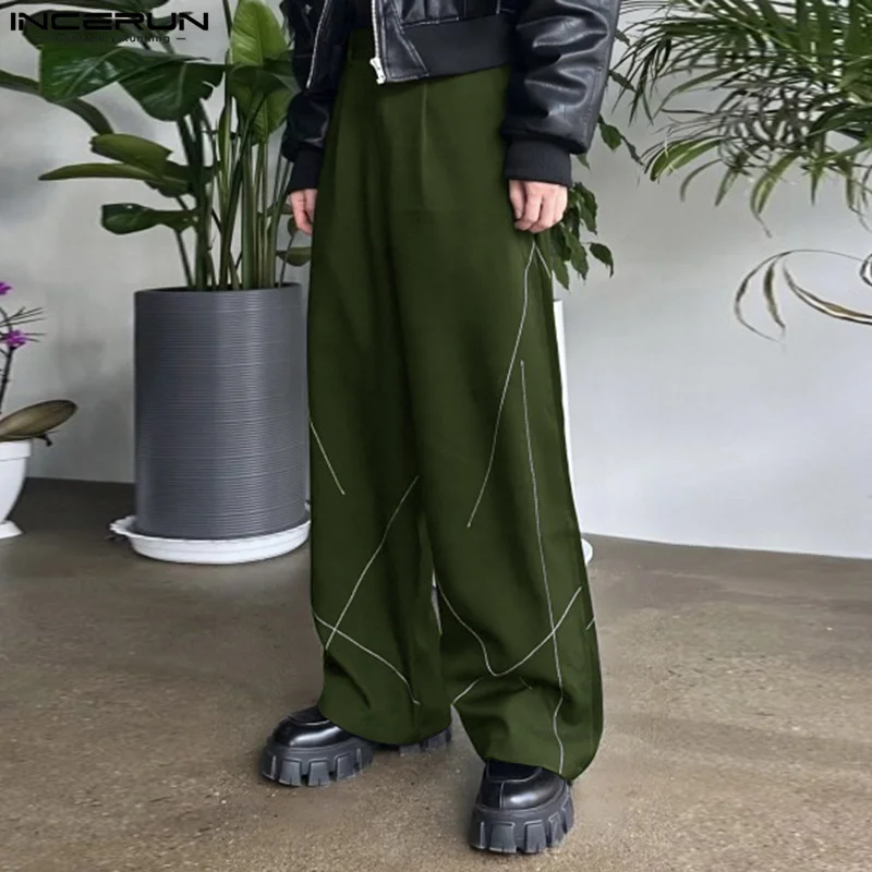 

INCERUN 2024 Korean Style Pantalons New Men's Fashionable Loose Line Patchwork Trousers Casual Streetwear Solid Long Pants S-5XL