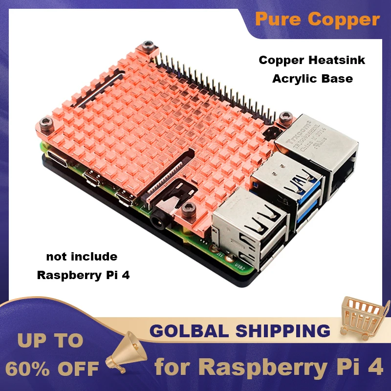 

Raspberry Pi 4 Pure Copper Heat Sink Passive Cooling Shell Metal Case Acrylic Bottom for Raspberry Pi 4 Model B 1GB 2GB 4GB 8GB