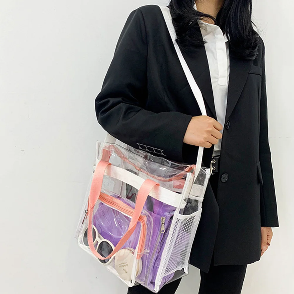 Transparent PVC Color Handle Fitness Storage Bag Summer Large Capacity Waterproof Swimming Beach Messenger Shoulder Bag Handbag