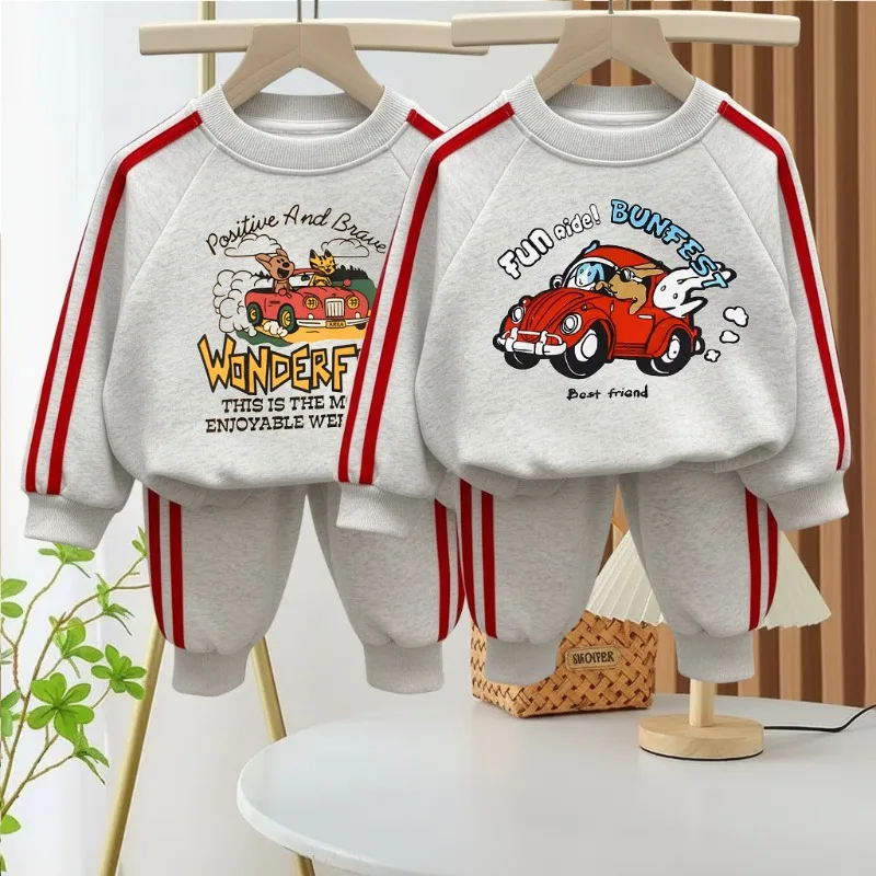 2026 Spring Boys Side Stripe Long Pant Sets Kids Casual Sweatshirts Sets Children O Neck Hoodies Trousers Two Piece Tracksuits