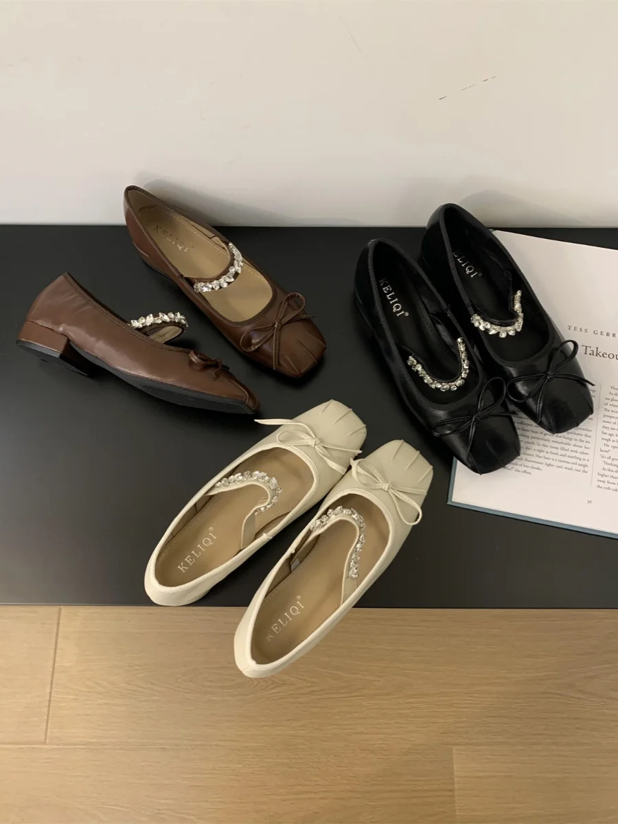 

Туфли женские на низком каблуке, Элегантные повседневные кроссовки с квадратным носком, с бантом, со стразами, Классическая Летняя обувь, 2024