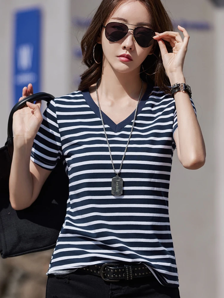 Summer Women Loose T-Shirt V-Neck Simple Stripe Short Sleeve Solid Color  Casual Comfortable Top 