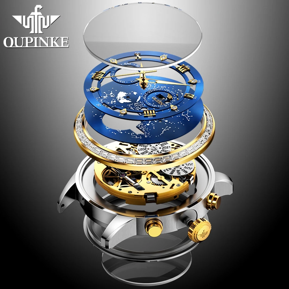 OUPINKE Original Luxury Automatic Watch for Men Starry Sky Stainless Steel Waterproof Sapphire Crystal Diamond Wristwatch Male