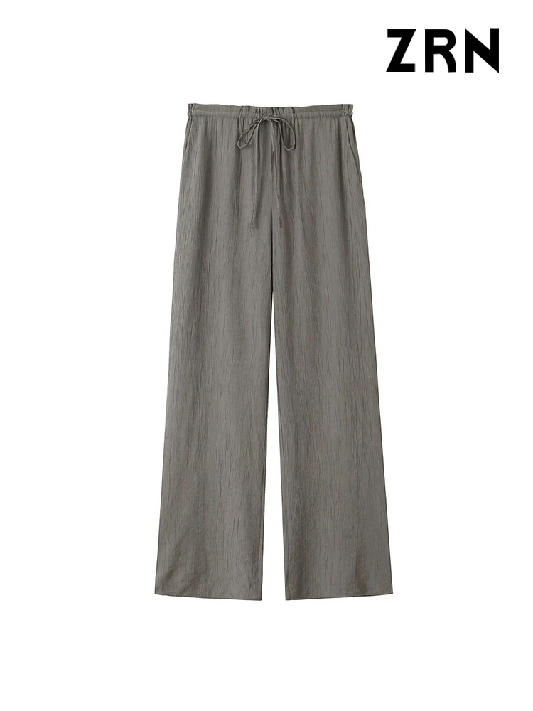 ZRN-Flowing Textured Pants for Women, Side Pockets, Elastic Waist with Drawstrings, Female Trousers, Fashion