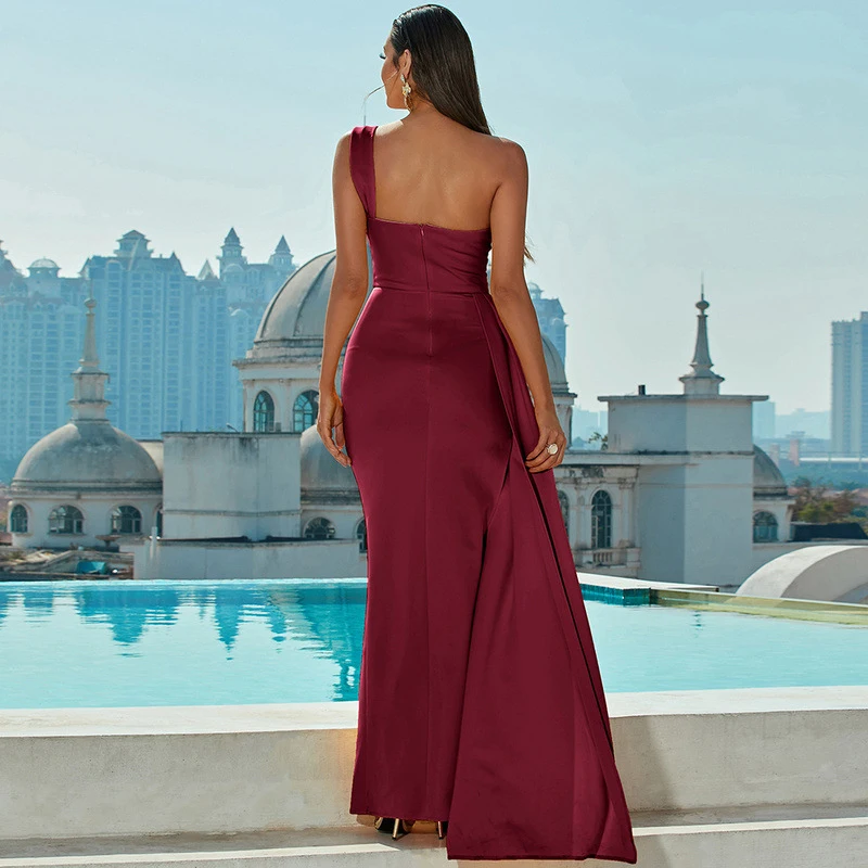 2023 New Fashion Women's One Shoulder Long Satin Formal Dress Birthday Party Ballroom Bridesmaid Thigh Split Evening Dress