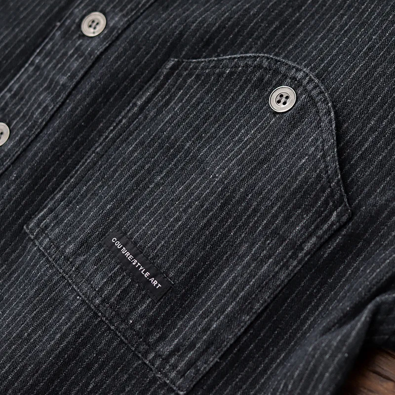 Heavyweight Washed Distressed Denim Shirt For Men Long-Sleeved Amekaji Thickened Loose Workwear Striped Shirt Men's Jacket