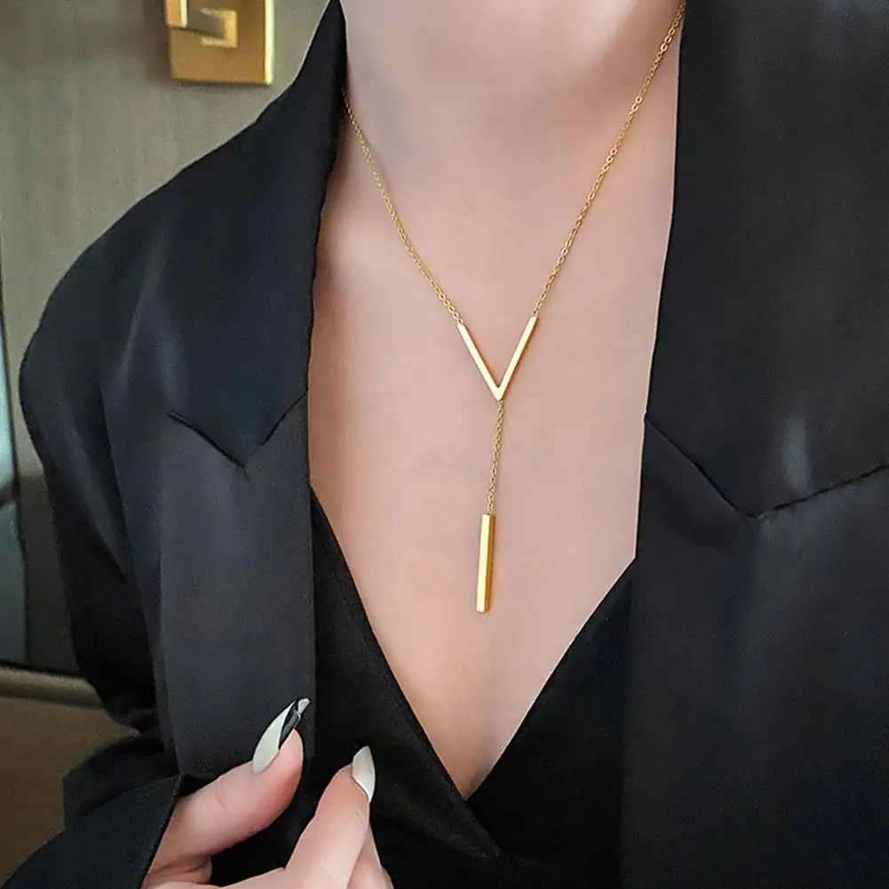 Gold-color Stainless Steel Long Bar Tassel Paragraph Collarbone Minimalist Shaped Holiday Necklace Female Party V Necklace F1X3 4