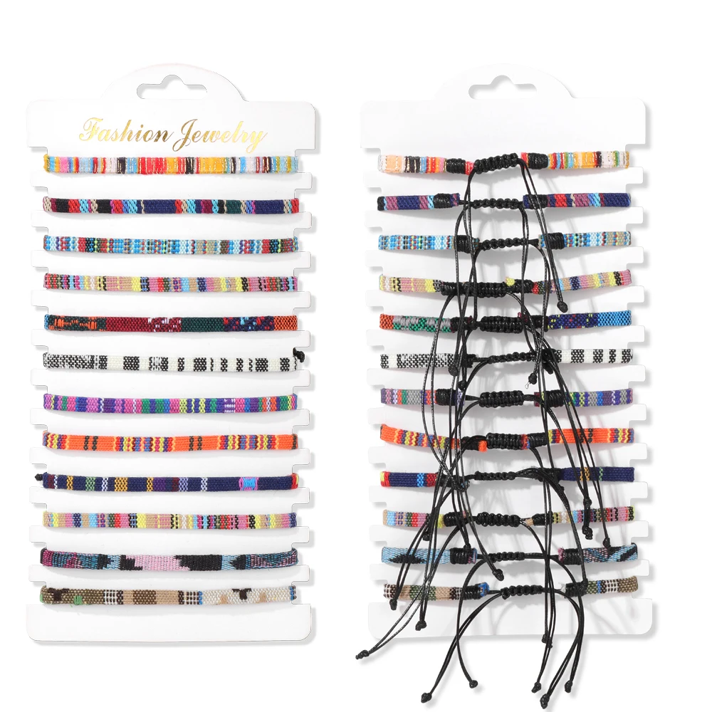 Colorful Natural Stone Adjustable Rope Bracelets - Handmade Bohemian Set with Cards (12 Pieces)