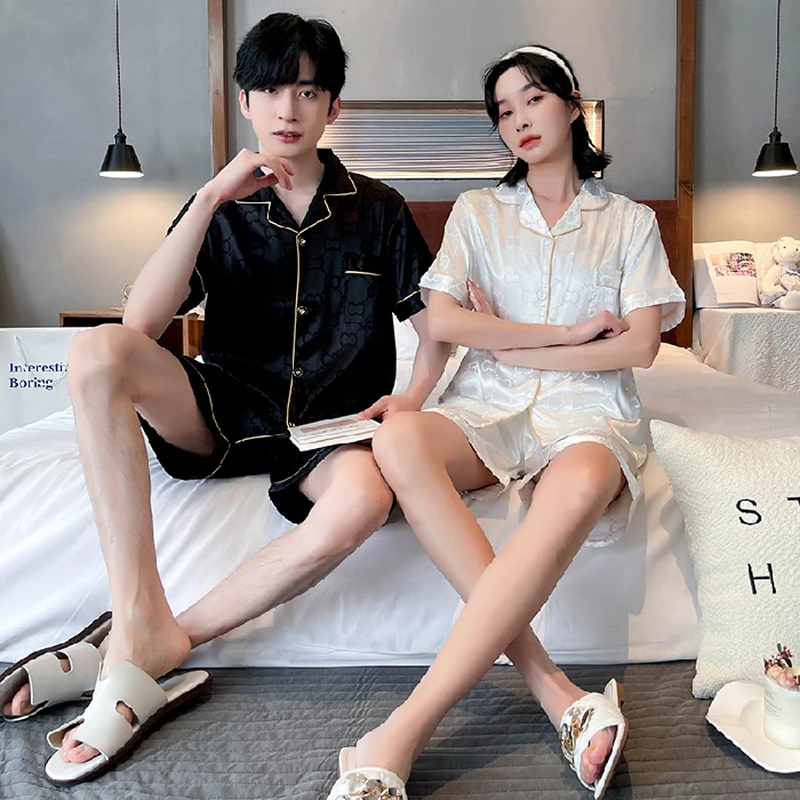 Dark Stripe Print Couple Cool Short Pajamas Suit Ice Silk Thin Casual Sleepwear Summer Shorts Lovers 2-piece Set Soft Homewear