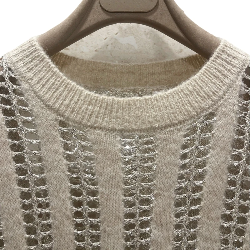 24 Women's Sweater Vintage Knitwear Thick Pullovers Custom Bead Yarn Wool Mohair Hollow out Short Sleeve Elegant Sweater 3