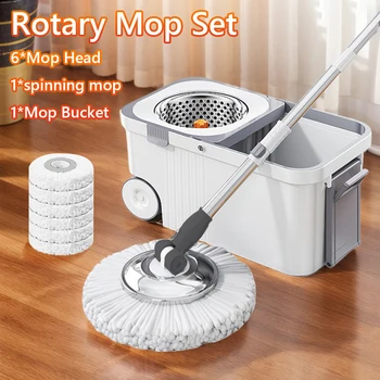 Spin Mop Bucket 6 Microfiber Refills Household Cleaning Automatic Spin Mop Hand-Free Automatic Dehydration Mop for Home Cleaning 1