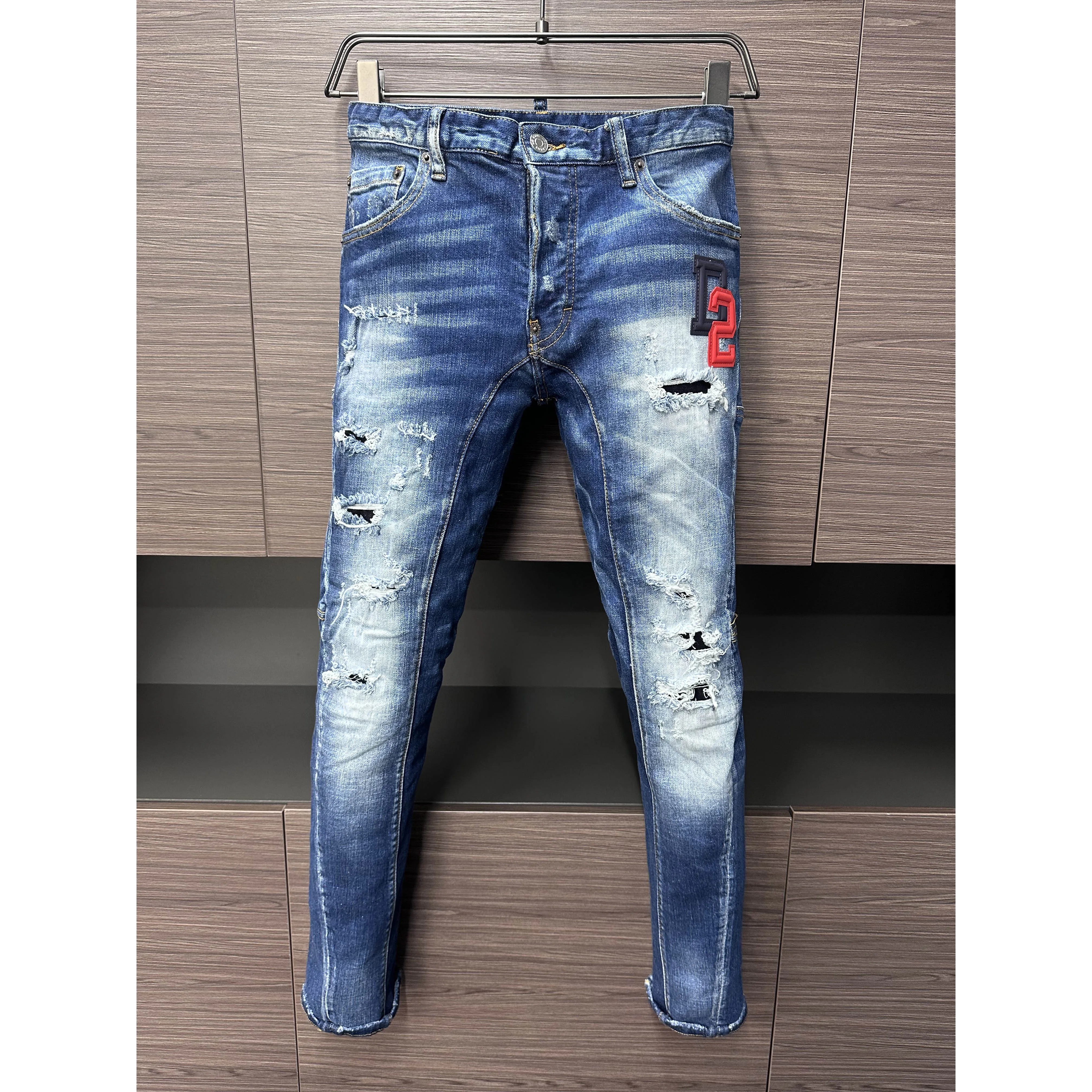 

2024 Fashionable Men's Jeans Blue Denim Pants Moto Biker Slim Slender Badge Diamond Skinny Beggar Letters Washable Long Trousers