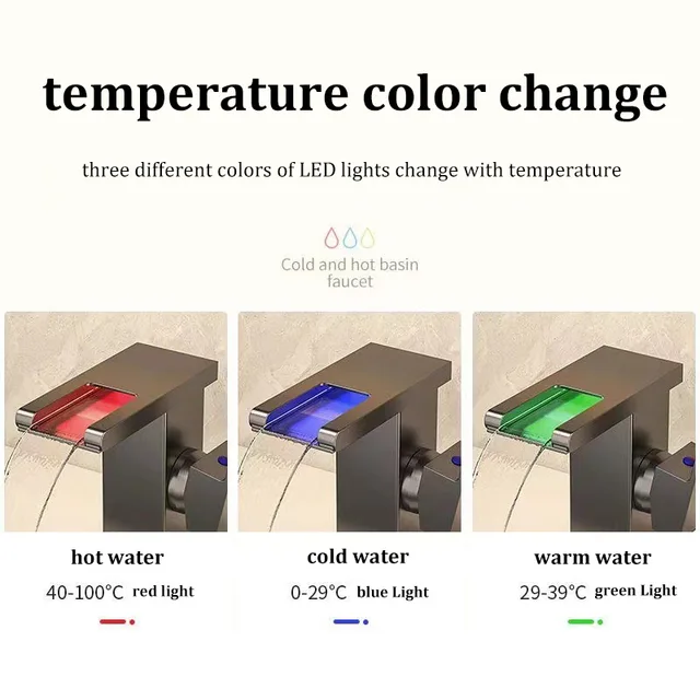 อ่างล้างหน้าน้ําตกสไตล์ทองแดงทั้งหมดไฟ LED ก๊อกน้ําส่องสว่างห้องน้ําเหนือเคาน์เตอร์อ่างล้างหน้าในครัวเรือนก๊อกน้ําร้อนและเย็น 2