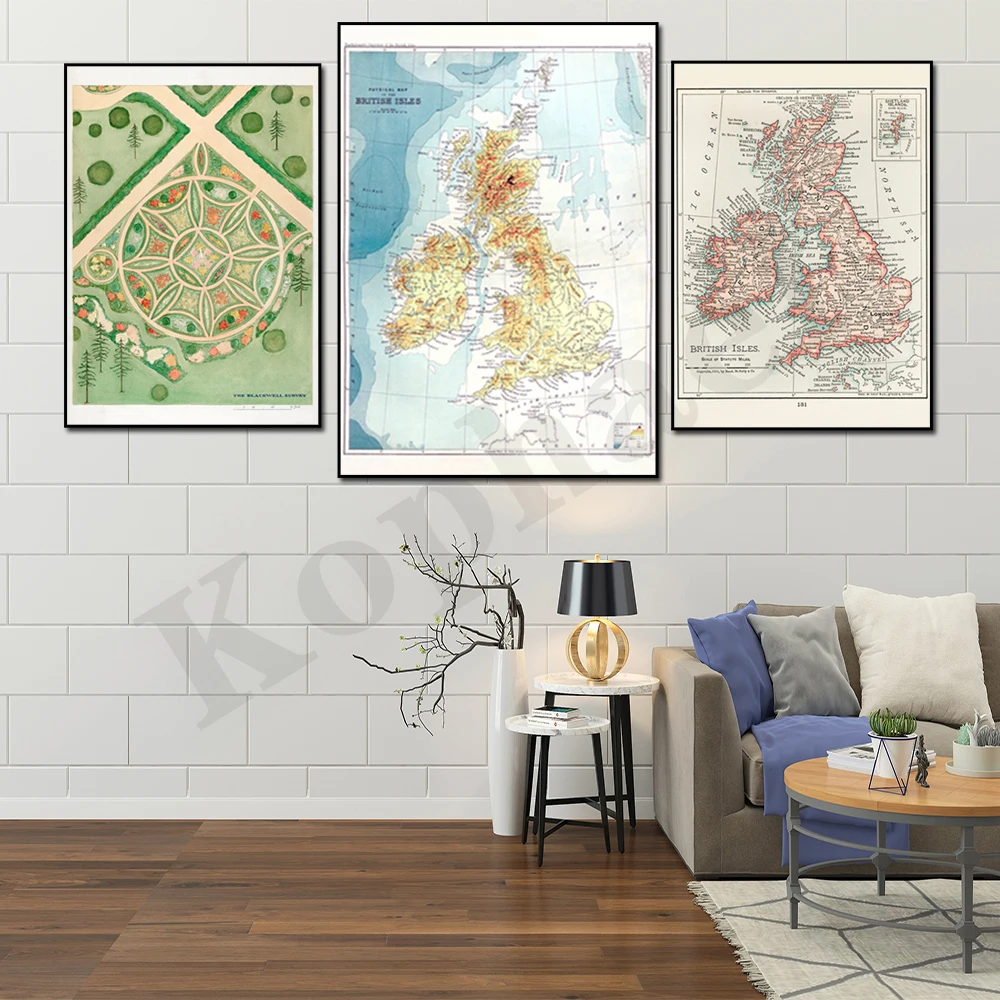 Mappa Delle Isole Britanniche Vintage Astratte. Architetto Plan Acquerello Paesaggio Giardino Paesaggio. Atlas Wall Art Poster