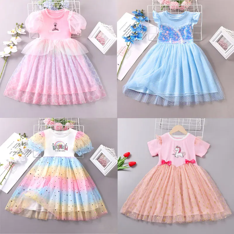 

2023 Summer Mermaid Unicorn Mesh Baby Girl Dress Birthday Party Dress for Girl Princess Casual Rainbow Dresses Kid Clothes