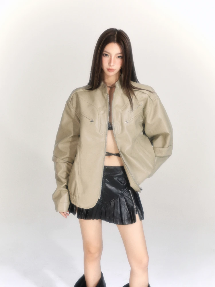 Leather Coat Women's Spring and Autumn American Retro Jacket Stand Collar Top Short Khaki Slim Fit Fashion All-Match Casual 1Pc retro khaki suits jackets women s clothing 2023 autumn winter blazers european and american fashion shoulder pads coats solid