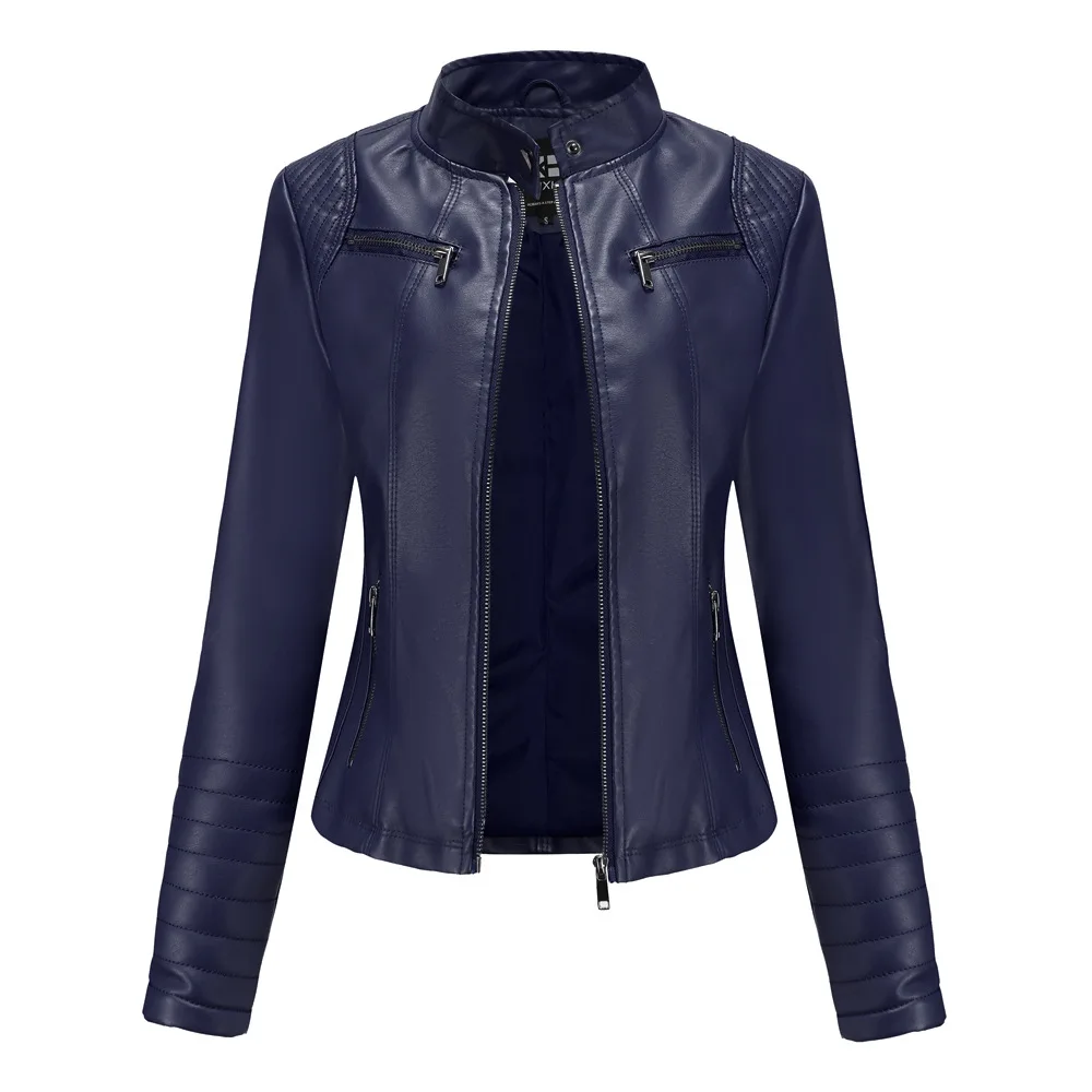 Faux Leather Women Coat Pu Coats Thin Jacket Full Sleeve Stand Collar Slim Fit Solid Sexy Regular Jackets Zipper Casual Splice