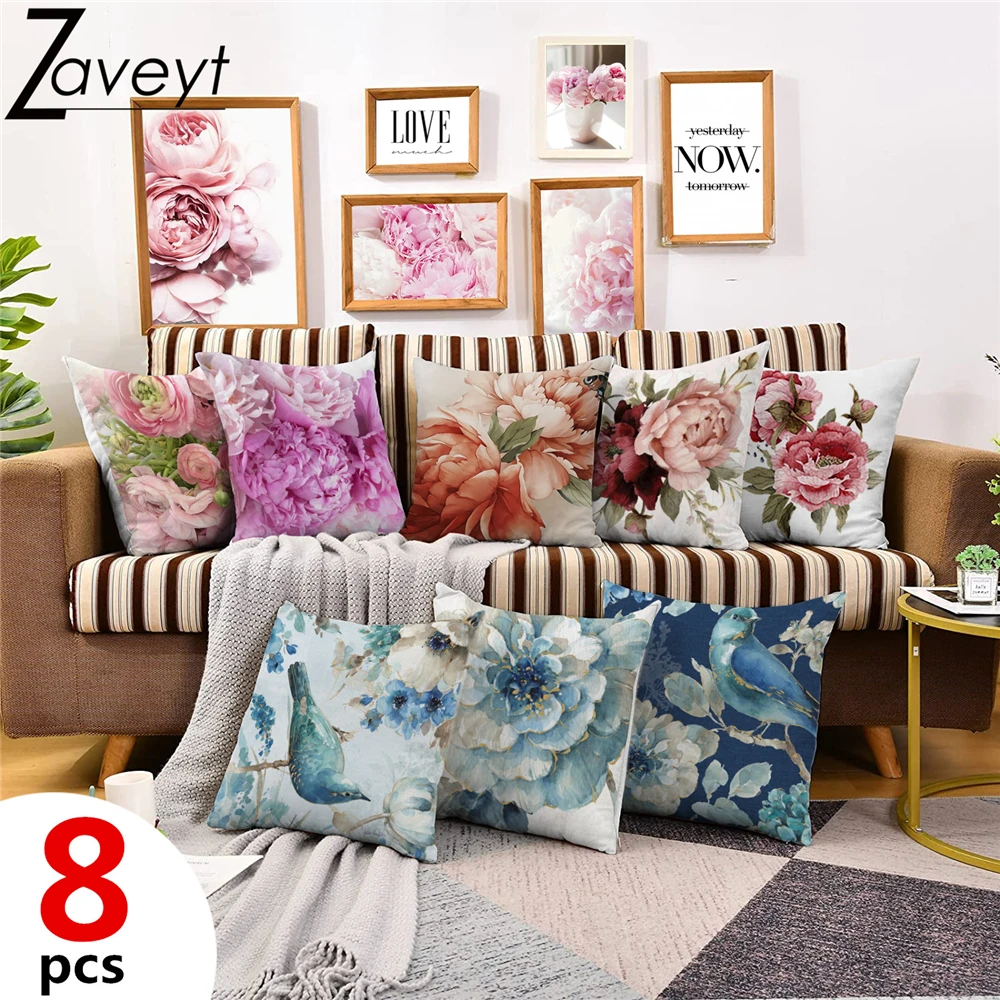 

8pcs/set Luxury Rose Printing Series Pillowcase For Sofa Throw Pillows Square 45cm Peacock Peony Floral Cushion Cover Home Decor