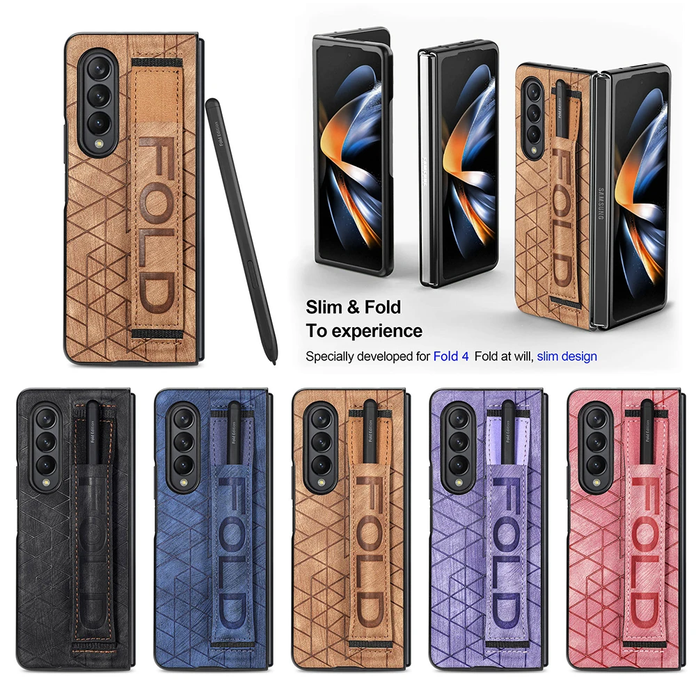 Custodia In Pelle Per Samsung Galaxy Z Fold 5 4 3 5G Cover Stripe Geometric Soft Antiurto Hand Band Spen Slot Shell Fundas Holster