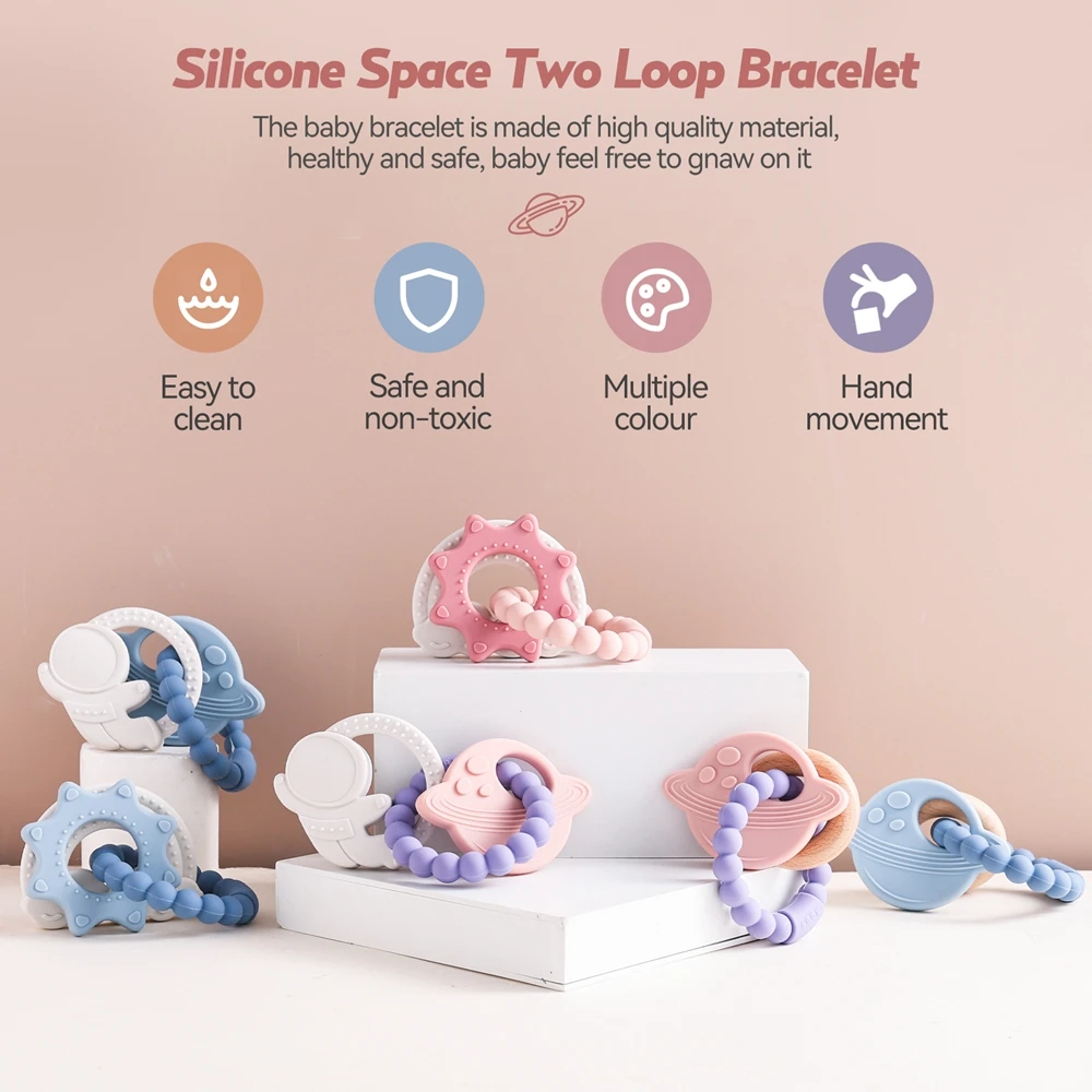 Silicone Teether,Baby 0-12 Toys,Food Grade Teething Ring Sensory Toddlers Toys,Silicone Astronaut Teether Bracelet Accessories