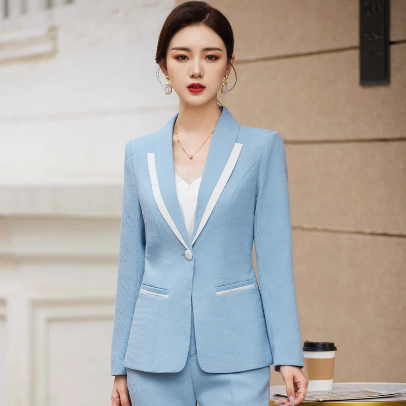 

IZICFLY New Autumn Spirng Style Blue Elegant Fashion Blazer And Pant Suit Business Two Piece Set For Women Outfit OL Work Wear