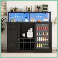 55" Farmhouse Wine Bar Cabinet with Mini Fridge Space, LED Lights & Power Outlet, Black Kitchen Buffet Hutch for Living Room