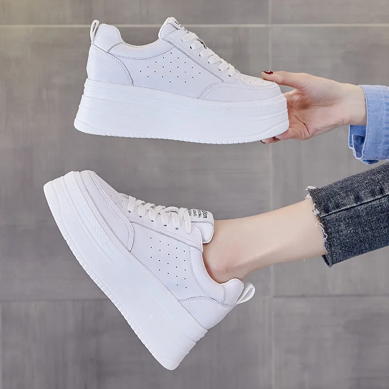 2025 Spring New Genuine Leather Casual Women's Shoes Thick Sole Inner Heightened Small White Shoes Women's Casual Sports Shoes 5