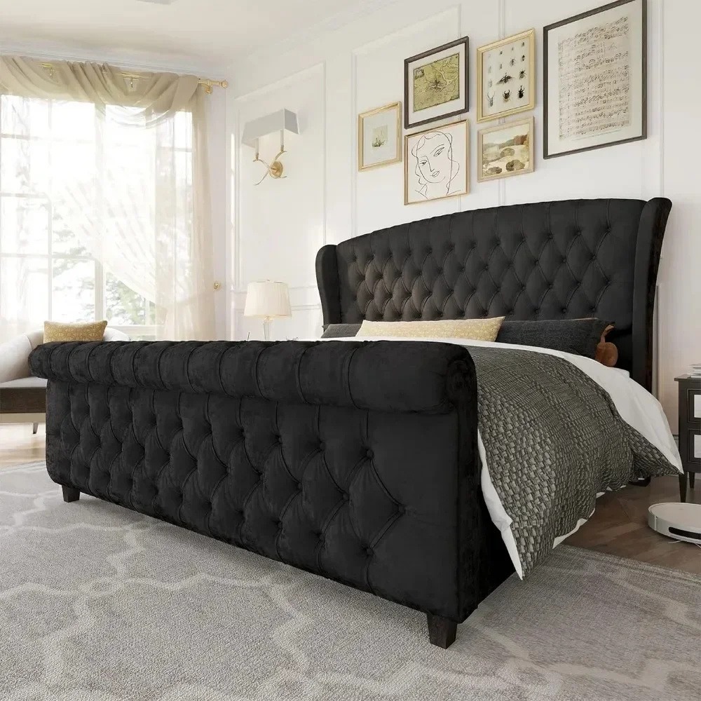 

Platform Bed Frame,Velvet Upholstered Sleigh Bed w/ Scroll Wingback Headboard & Footboard,Button Tufted,King ,Black/Grey/Cream