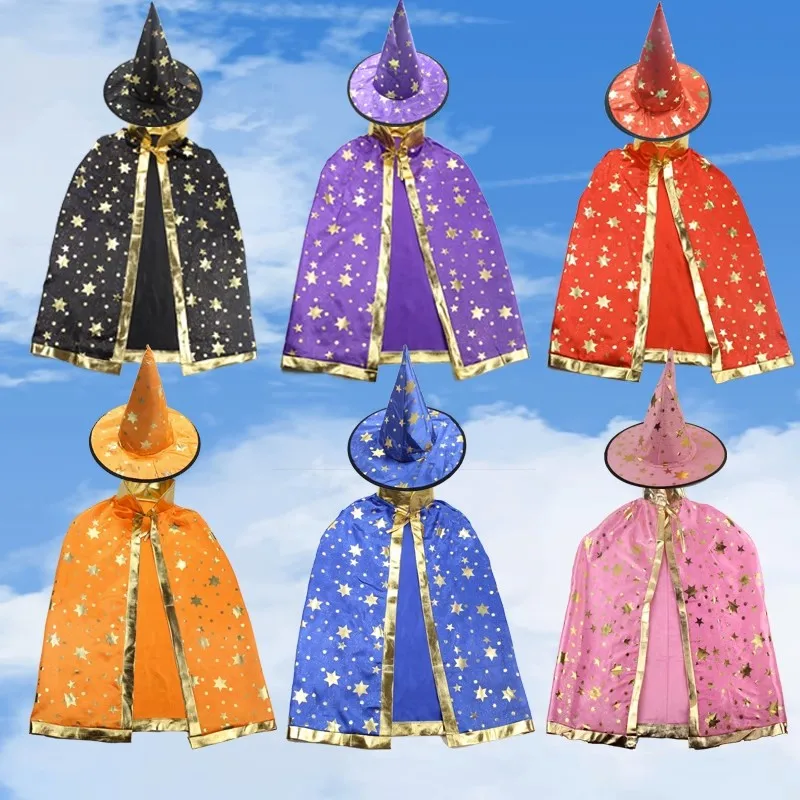 

Halloween Wizard Cape Costume Props Cosplay Hat Golden Stars Pattern Cloak Pumpkin Candy Bag Children Fancy Cape Decorative Prop