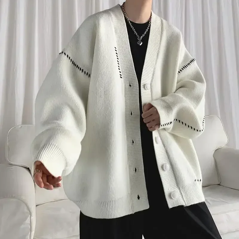 Man Clothes Coat White Knitted Sweaters for Men Japanese Retro Jacket Cardigan Patchwork S 90s Vintage Knitwears Korean Style X 3
