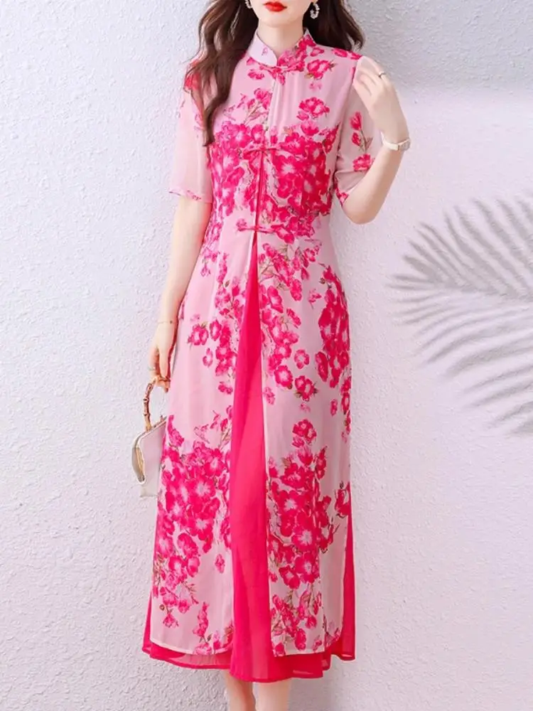 Vestido de flores Vintage con cuello mandarín de estilo chino, capa elegante de gasa para fiesta de graduación, bata de una pieza para mujer, Vestidos por debajo de la rodilla