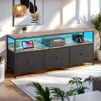 Шкаф для телевизора Comanlai 108 см со светодиодной подсветкой и 3 тканевыми ящиками, шкаф для хранения с металлическим каркасом и деревянной столешницей, тумбочка — изображение 4