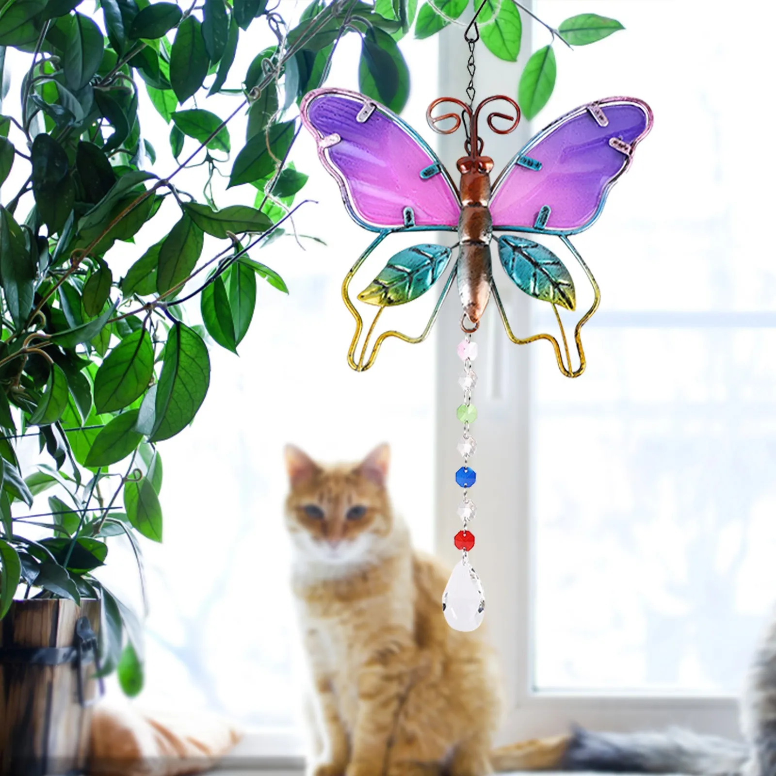 Metal Butterfly Suncatcher Crystal Ball Hanging Pendant For Windows Ornaments Home Party Decor Outdoor Garden Yard D