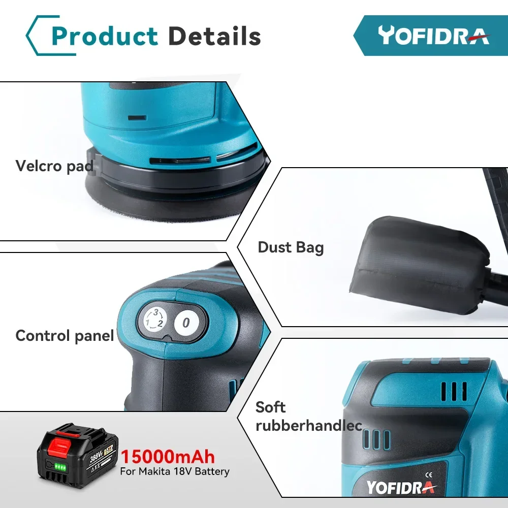 5 Inch Electric Sander Polisher 3Gears Cordless Handheld Rechargeable Orbital Wood Metal Polishing Machine For Makita 18VBattery 4