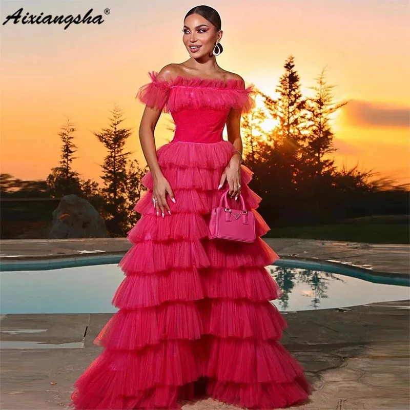 

Aixiangsha Fuschia Saudi Arabic Tiered Ruffles Tulle Evening Dresses Off the Shoulder Pleat Ruched A-Line Prom Dress Party Gown