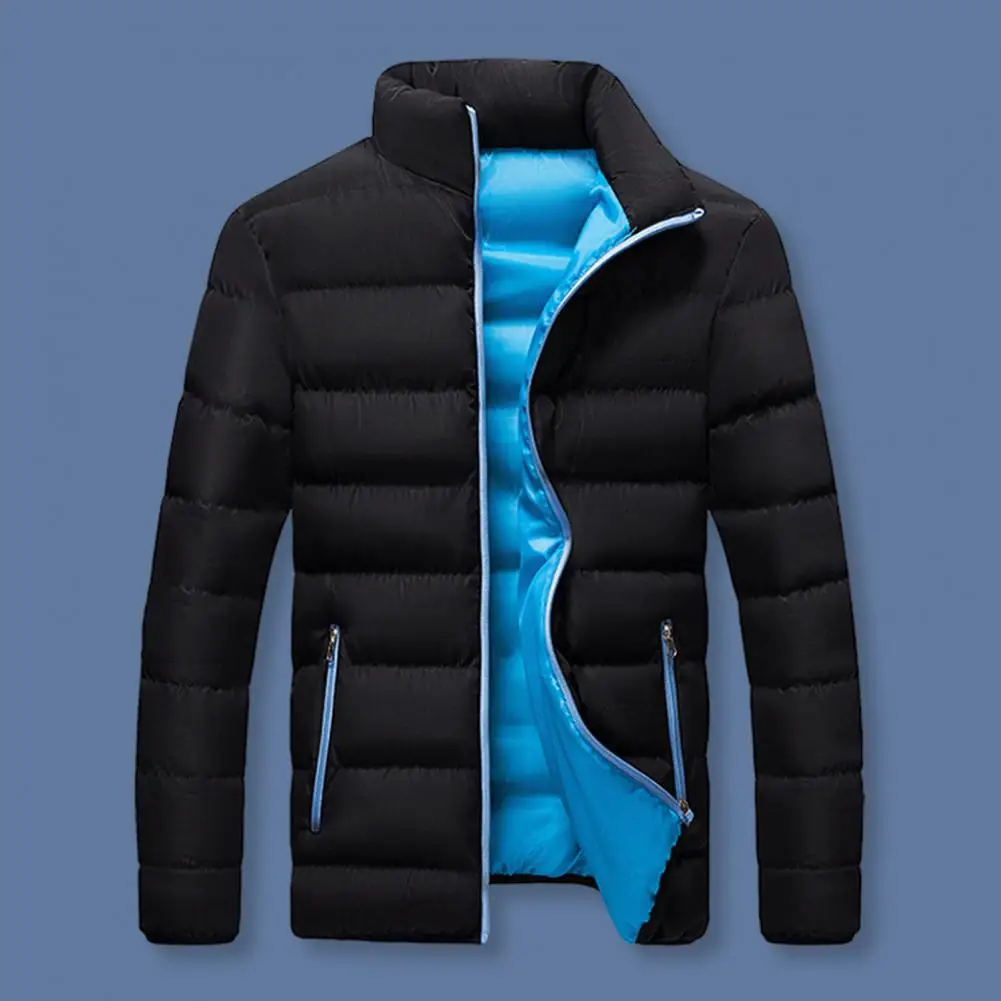 

Men Cotton Jacket Warm Contrast Color Men's Cotton Jacket with Stand Collar Zipper Pocket Loose Fit Autumn Winter Outwear Zip