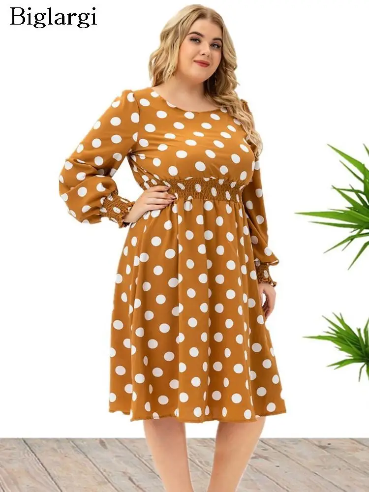 

Plus Size Autumn Midi Dress Women Polka Dot Print Pleated Ladies Dresses Long Sleeve Fashion Loose Casual Dress 2023