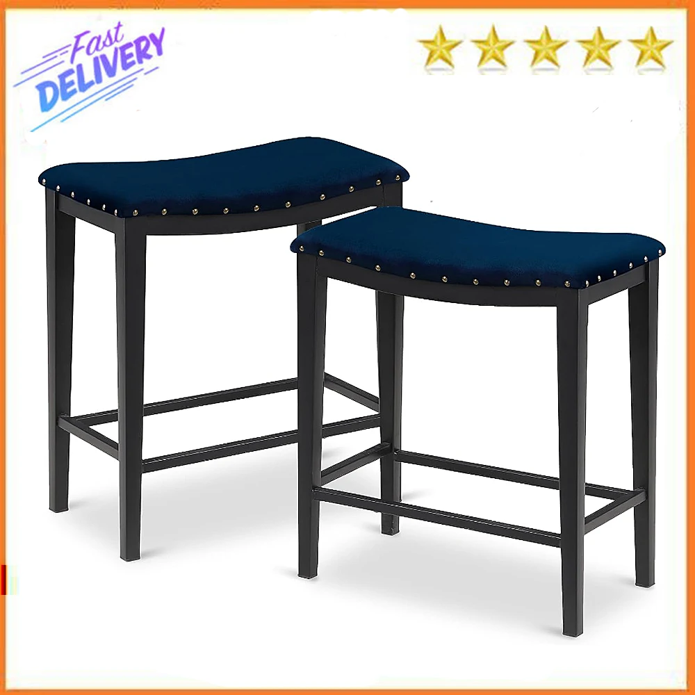 KATDANS Blue Bar Stools Set of 2 Counter Height 24 Inches Backless Barstools for Kitchen Counter Modern Stools Velvet bar stools set of 2 modern swivel bar chairs barstools counter height with high backrest easy 3 5 minute assembly