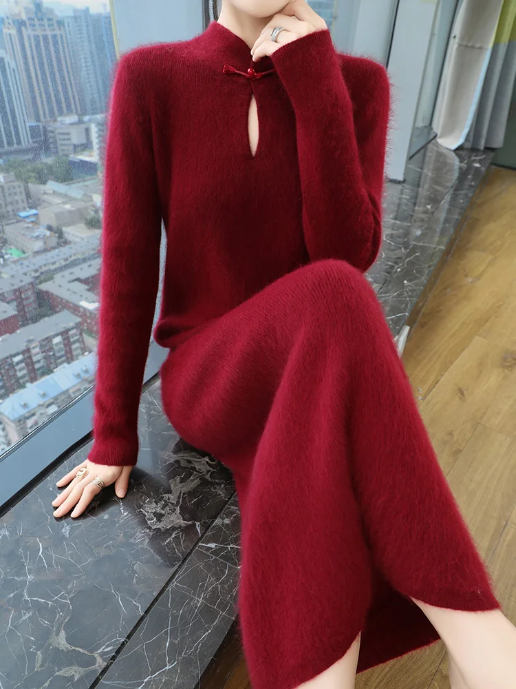 100% Pure Mink Cashmere Knitted Dress Women Stand Up Collar Button Long Skirts Casual High Waist Over Knee Dress New Thick Skirt 3