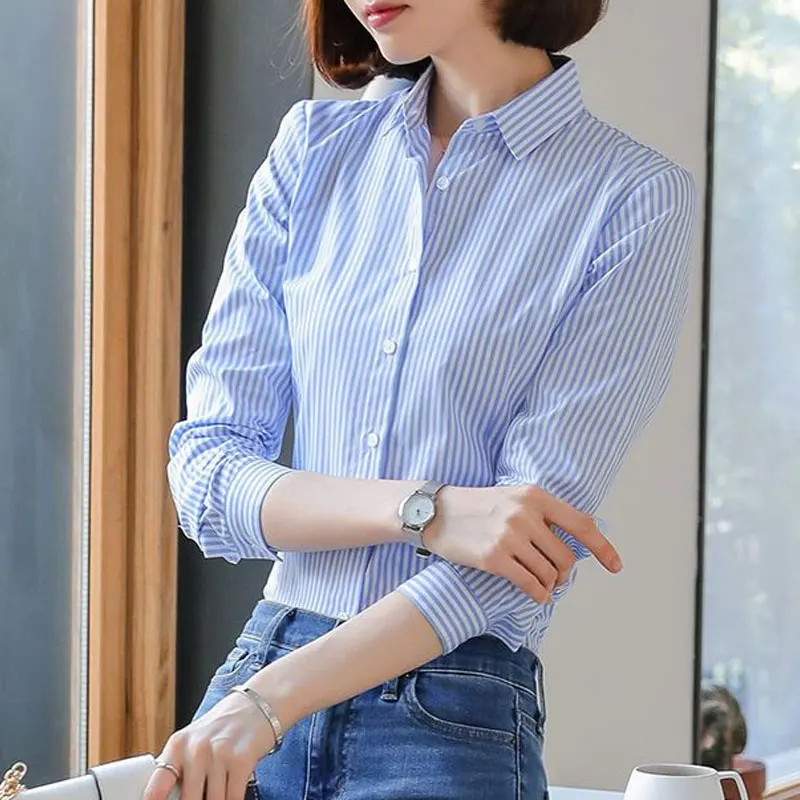 Women's Clothing Commute Striped Shirt 2023 New Spring Autumn Long Sleeve Fashion Single-breasted Casual Turn-down Collar Blouse