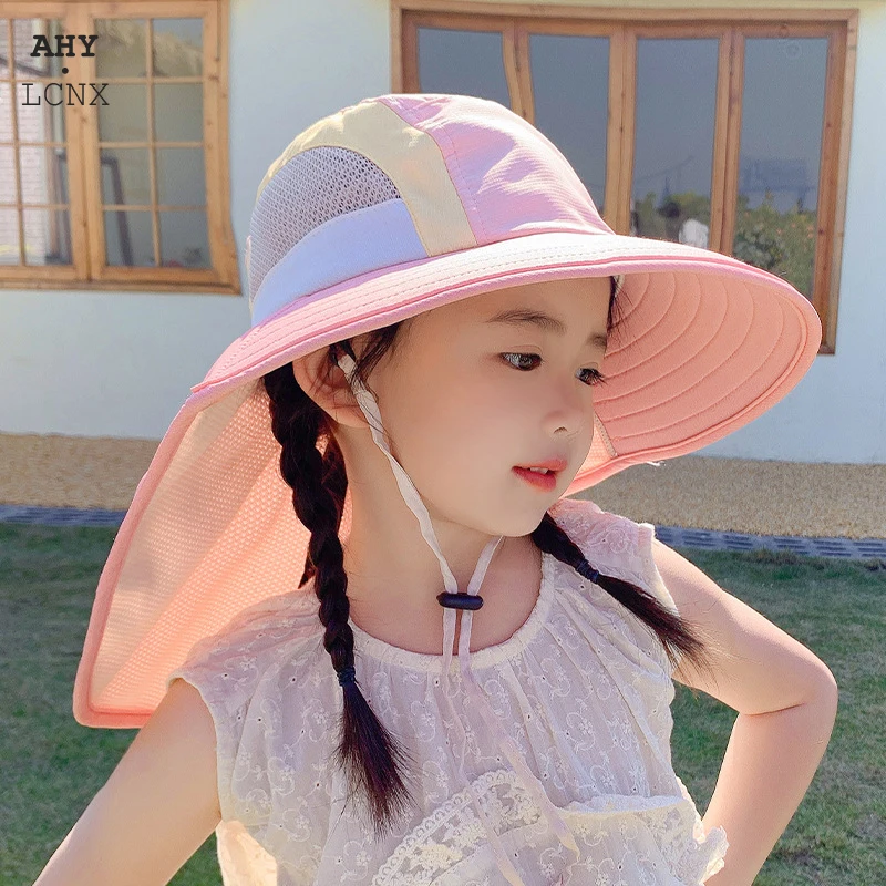 Summer Baby Sun Hat With Neck Flap Strap Wide Brim Beach Hats Kids Bucket Hat UV Protection Panama Cap For Boys Girls Outdoor 1