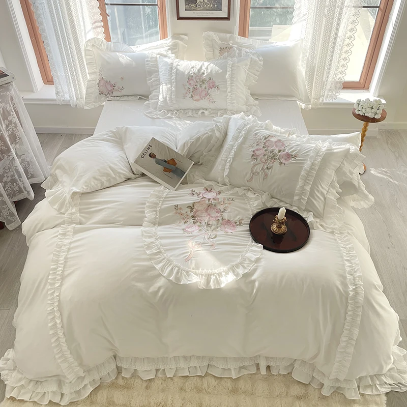 

1000TC Egyptian Cotton Rose Bouquet Embroidery Ruffles Patchwork Vintage French Bedding Set Duvet Cover Set Bed Skirt Pillowcase