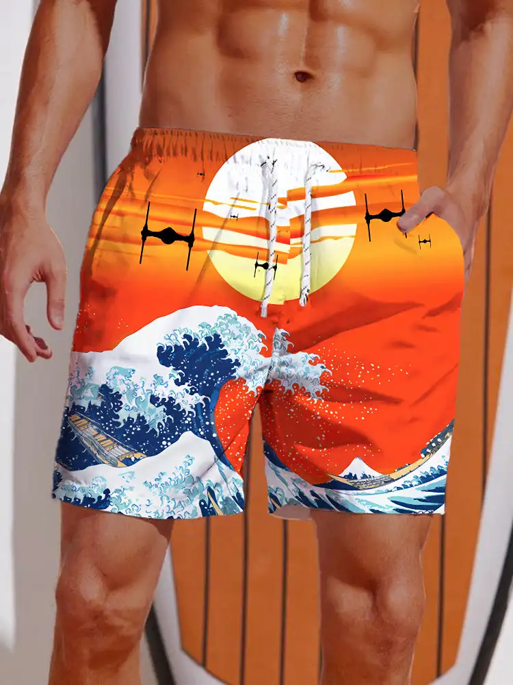 3D Printed Ukiyo-E Giant Fierce Shark And Cruise Ship Printing Shorts Men's Board Shorts Swim Trunks Drawstring Breathable Short 3