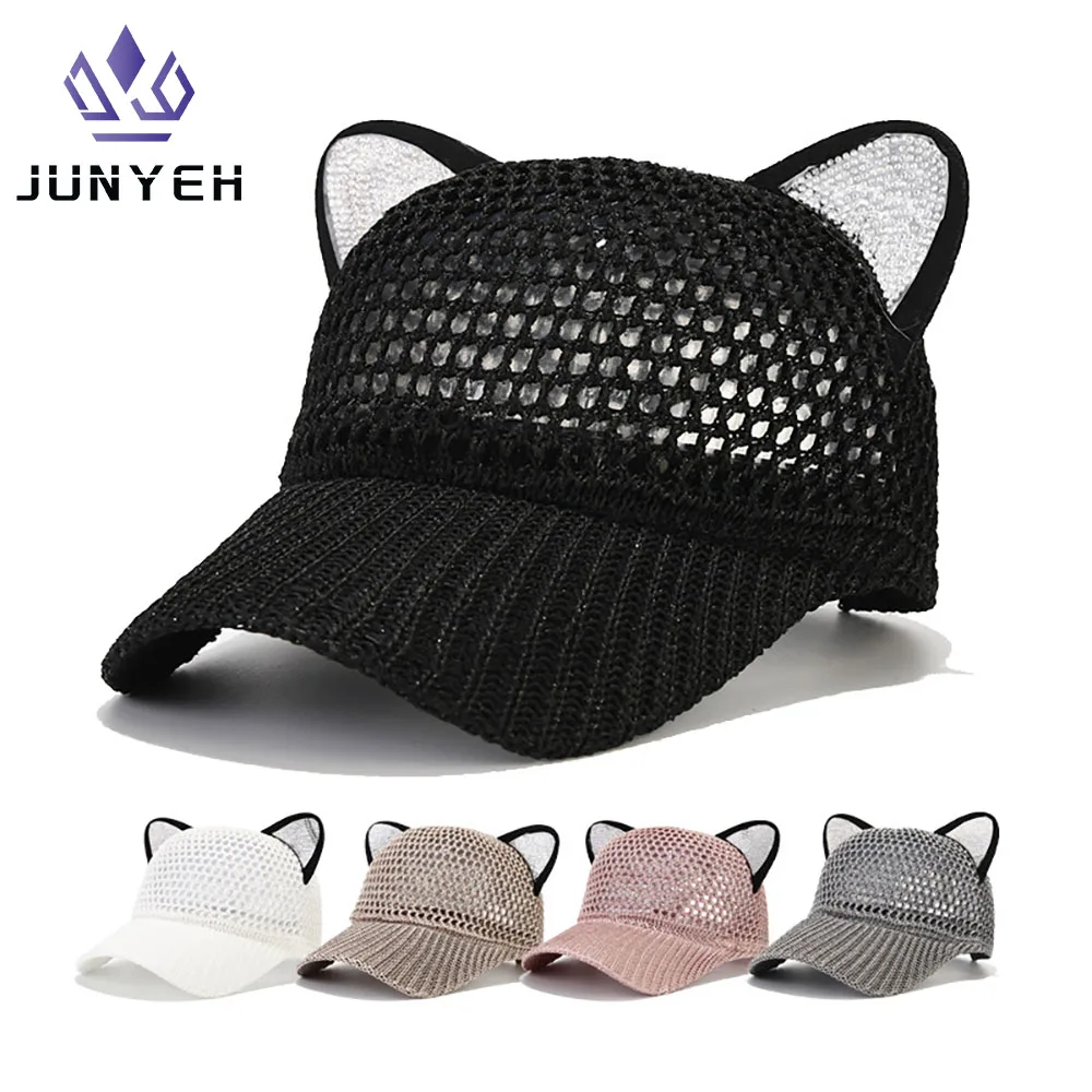

High Quality Women's Fashion Hats Cute Cat Styling Peaked Cap Hollow Breathable Sun Protection Caps Fine Hat For Girls