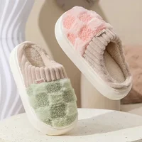 Fashion Couple Winter Toe Wrap Warm Plaid Cotton Slippers Thick Soft Sole Slides Men Women Indoor Floor Flat Home Non-slip Shoes 1