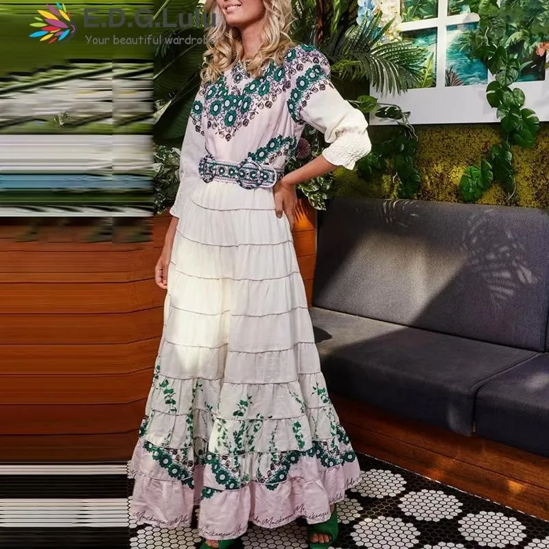 

EDGLuLu Fashion O Neck Half Sleeve Elegant Ladies Dresses New Arrival 2023 Print Patchwork Long Dress+Belt Beach Vacation 0603