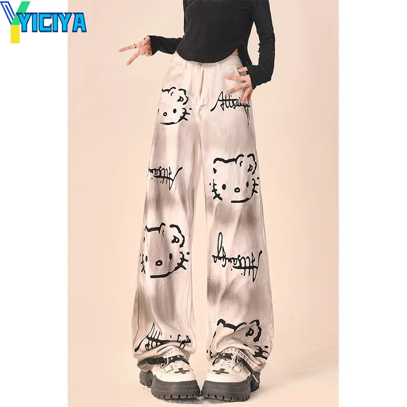 

YICIYA y2k Wide-legged jeans hellokitty Women Full Length baggy pants Harajuku Denim STRAIGHT Trousers Aesthetic clothing jeans