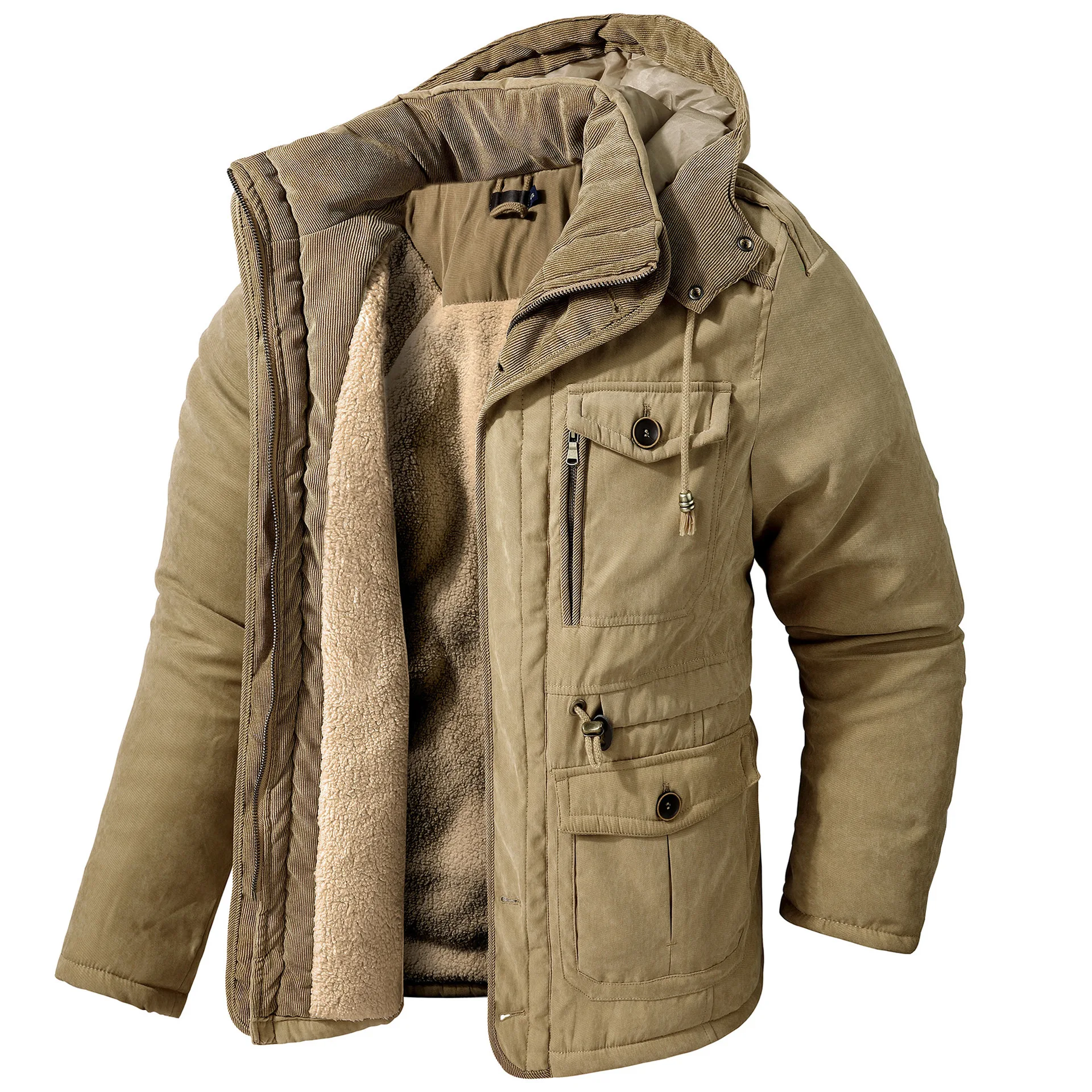 2023 New Men's Large Lamb Fleece Hooded Cotton Jacket Thickened Multi Pocket Cotton Top Casual Mid Length Coat